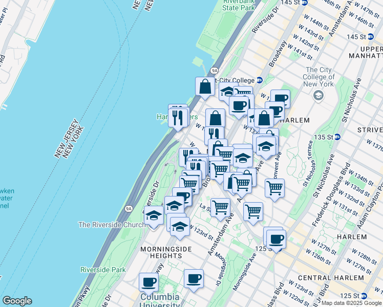 map of restaurants, bars, coffee shops, grocery stores, and more near 558 Riverside Drive in New York