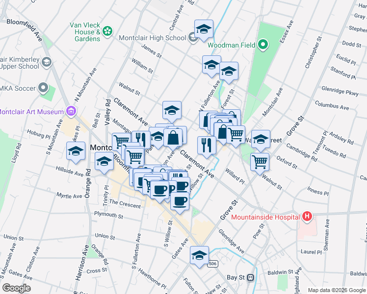 map of restaurants, bars, coffee shops, grocery stores, and more near 65 North Fullerton Avenue in Montclair