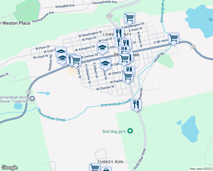 map of restaurants, bars, coffee shops, grocery stores, and more near 300 West Poplar Street in Shenandoah