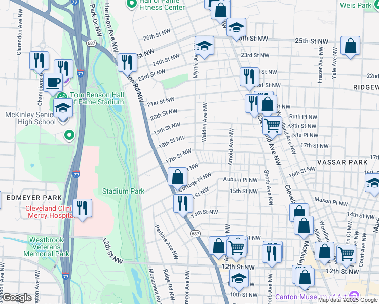 map of restaurants, bars, coffee shops, grocery stores, and more near 1609 Myrtle Avenue Northwest in Canton