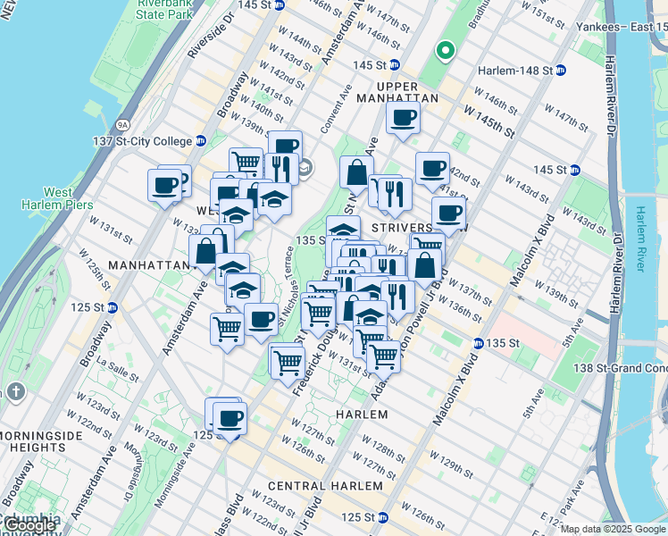 map of restaurants, bars, coffee shops, grocery stores, and more near 321 West 134th Street in New York
