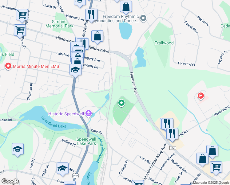 map of restaurants, bars, coffee shops, grocery stores, and more near 51 East Hanover Avenue in Morris Plains