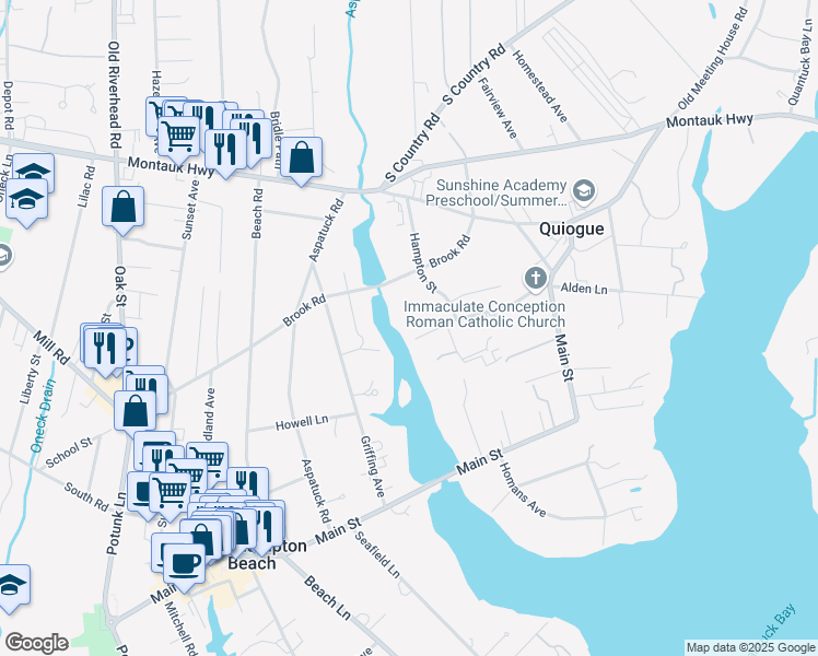 map of restaurants, bars, coffee shops, grocery stores, and more near 60 Franklin Avenue in Westhampton Beach