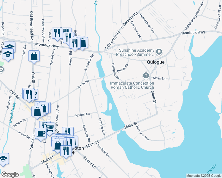 map of restaurants, bars, coffee shops, grocery stores, and more near 60 Franklin Avenue in Westhampton Beach
