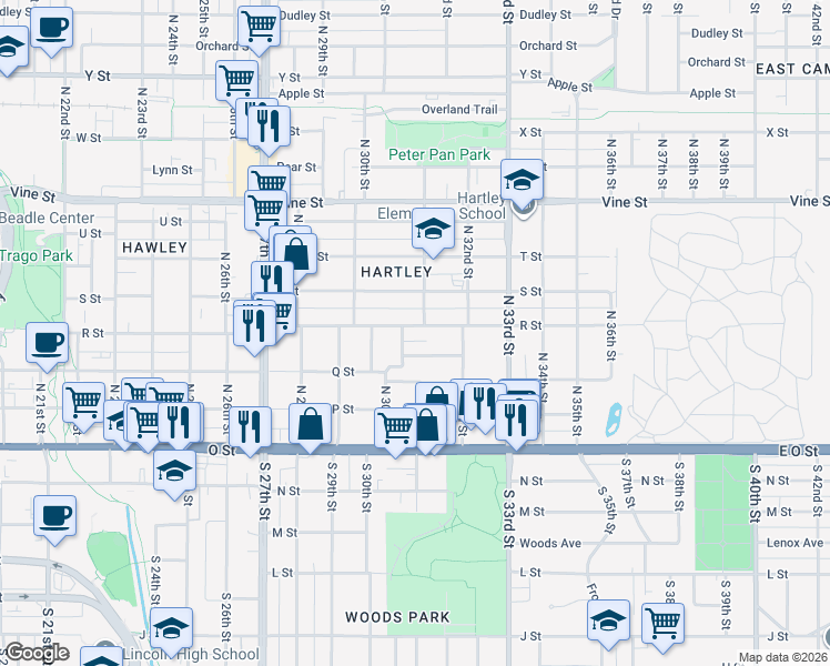 map of restaurants, bars, coffee shops, grocery stores, and more near 3116 Kleckner Court in Lincoln