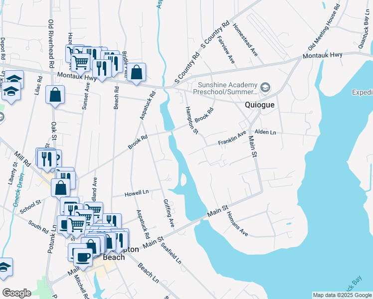 map of restaurants, bars, coffee shops, grocery stores, and more near 60 Franklin Avenue in Westhampton Beach