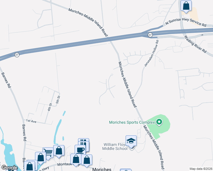 map of restaurants, bars, coffee shops, grocery stores, and more near 78 Wildflower Court in Moriches