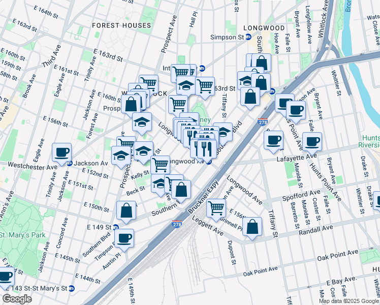 map of restaurants, bars, coffee shops, grocery stores, and more near 783 Fox Street in Bronx