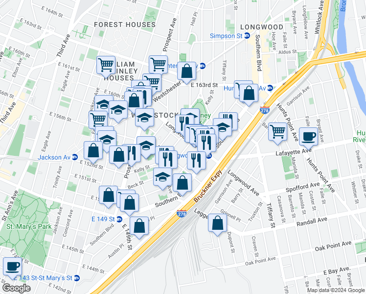 map of restaurants, bars, coffee shops, grocery stores, and more near 757 Beck Street in Bronx