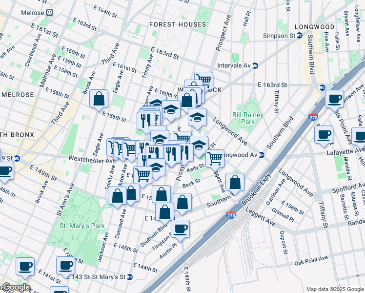 map of restaurants, bars, coffee shops, grocery stores, and more near 845 East 155th Street in Bronx