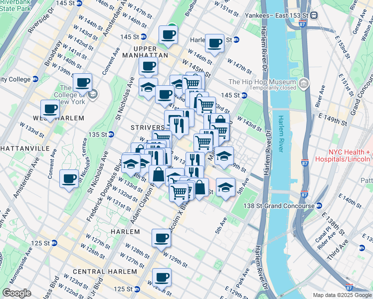 map of restaurants, bars, coffee shops, grocery stores, and more near 128 West 138th Street in New York