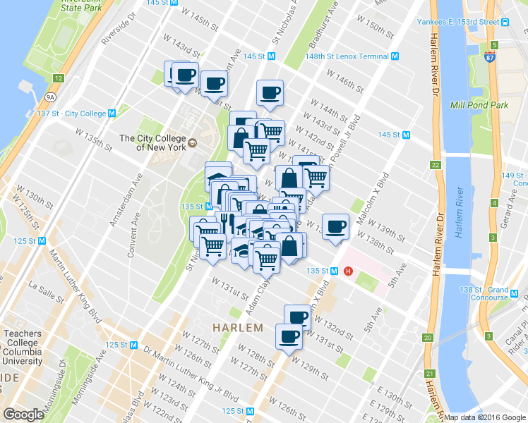 map of restaurants, bars, coffee shops, grocery stores, and more near 241 West 135th Street in New York