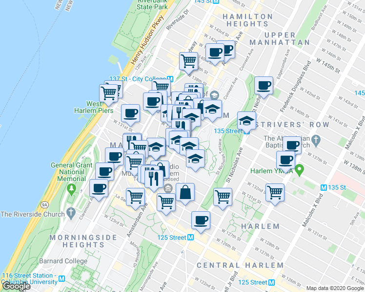 map of restaurants, bars, coffee shops, grocery stores, and more near 90 Convent Avenue in New York