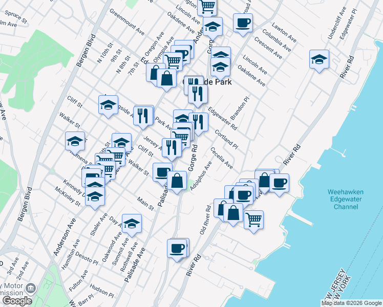 map of restaurants, bars, coffee shops, grocery stores, and more near 352 Gorge Road in Cliffside Park