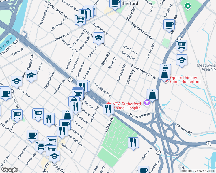 map of restaurants, bars, coffee shops, grocery stores, and more near 2 Lynn Court in Rutherford