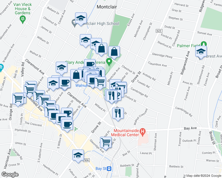 map of restaurants, bars, coffee shops, grocery stores, and more near 130 Grove Street in Montclair