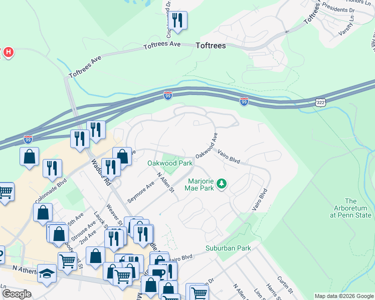 map of restaurants, bars, coffee shops, grocery stores, and more near 380 Oakwood Avenue in State College