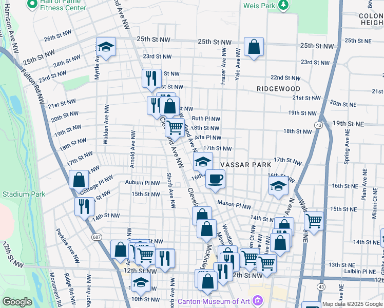 map of restaurants, bars, coffee shops, grocery stores, and more near 1648 Cleveland Avenue Northwest in Canton