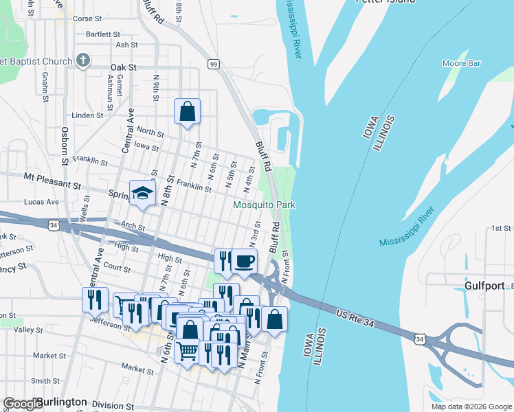 map of restaurants, bars, coffee shops, grocery stores, and more near 915 North 3rd Street in Burlington