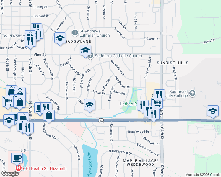 map of restaurants, bars, coffee shops, grocery stores, and more near 411 Terrace Road in Lincoln