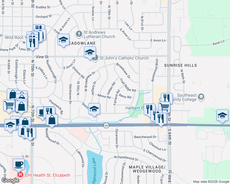map of restaurants, bars, coffee shops, grocery stores, and more near 411 Terrace Road in Lincoln