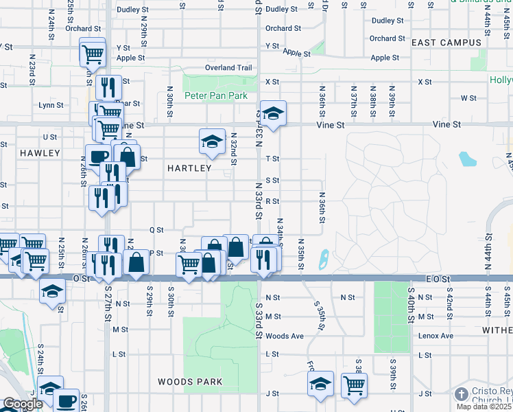map of restaurants, bars, coffee shops, grocery stores, and more near 375 North 33rd Street in Lincoln