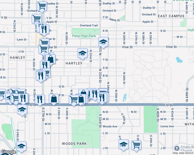 map of restaurants, bars, coffee shops, grocery stores, and more near 375 North 33rd Street in Lincoln