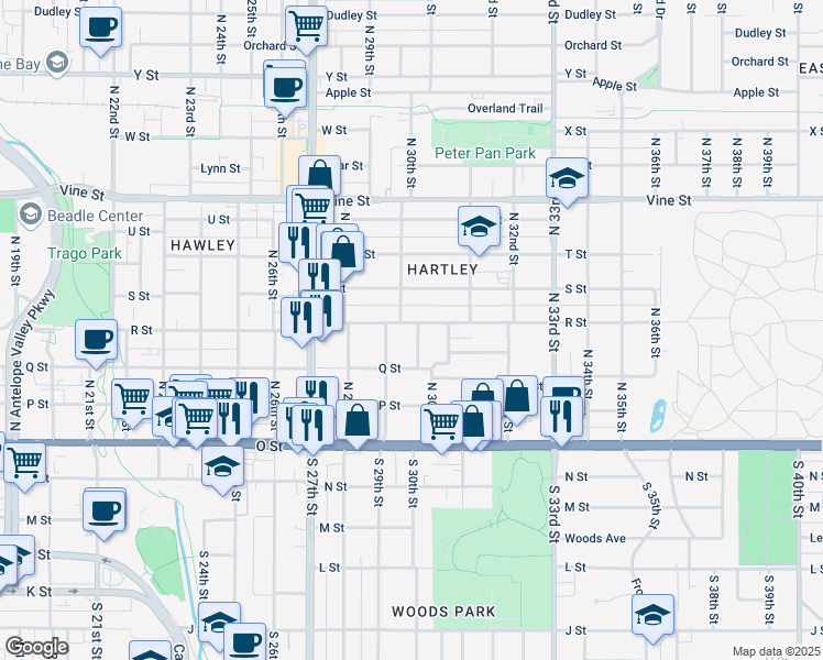map of restaurants, bars, coffee shops, grocery stores, and more near 330 North 30th Street in Lincoln