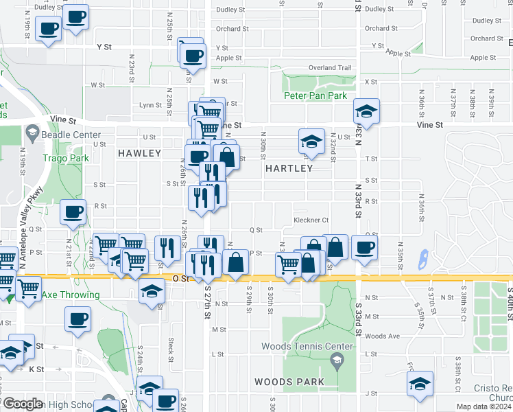 map of restaurants, bars, coffee shops, grocery stores, and more near 343 North 29th Street in Lincoln