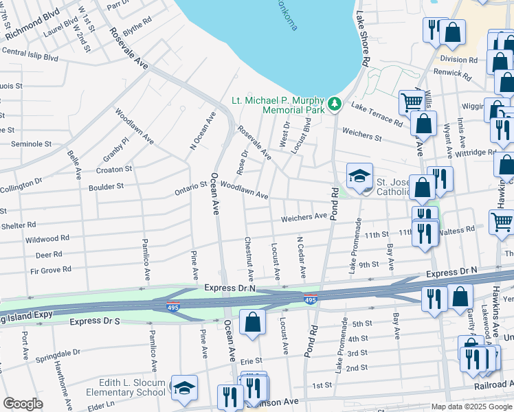 map of restaurants, bars, coffee shops, grocery stores, and more near in Lake Ronkonkoma