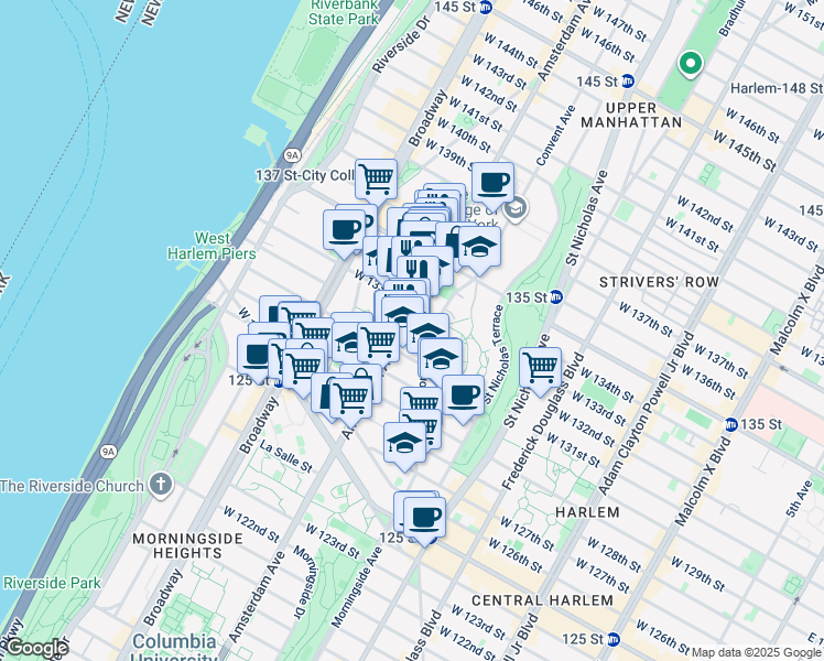 map of restaurants, bars, coffee shops, grocery stores, and more near 1461 Amsterdam Avenue in New York