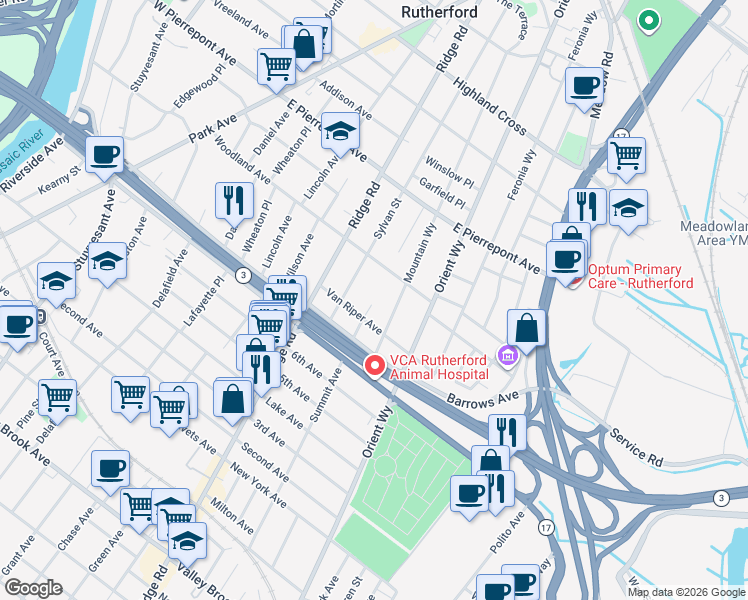 map of restaurants, bars, coffee shops, grocery stores, and more near 2 Lynn Court in Rutherford