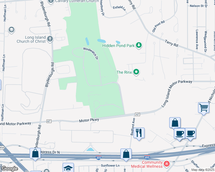 map of restaurants, bars, coffee shops, grocery stores, and more near 14 Hamlet Drive in Hauppauge