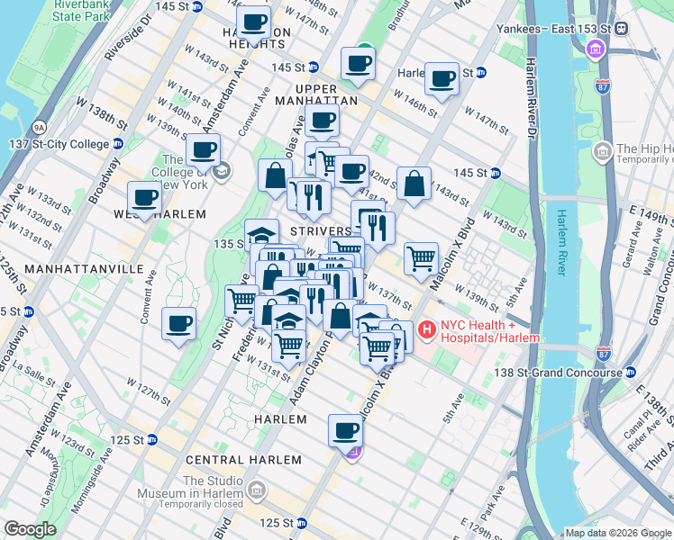 map of restaurants, bars, coffee shops, grocery stores, and more near 215 West 136th Street in New York