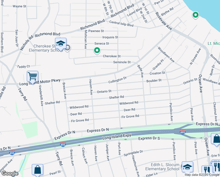 map of restaurants, bars, coffee shops, grocery stores, and more near 300 Ontario Street in Ronkonkoma
