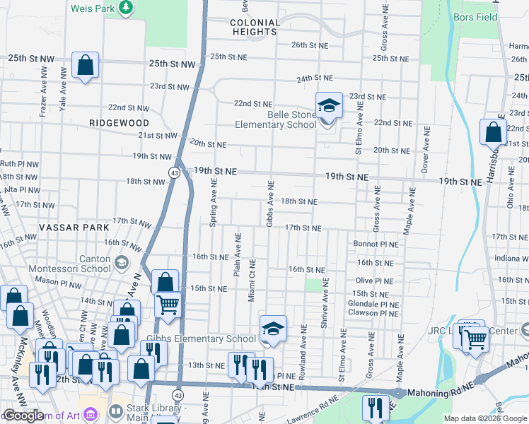 map of restaurants, bars, coffee shops, grocery stores, and more near 1005 17th Street Northeast in Canton