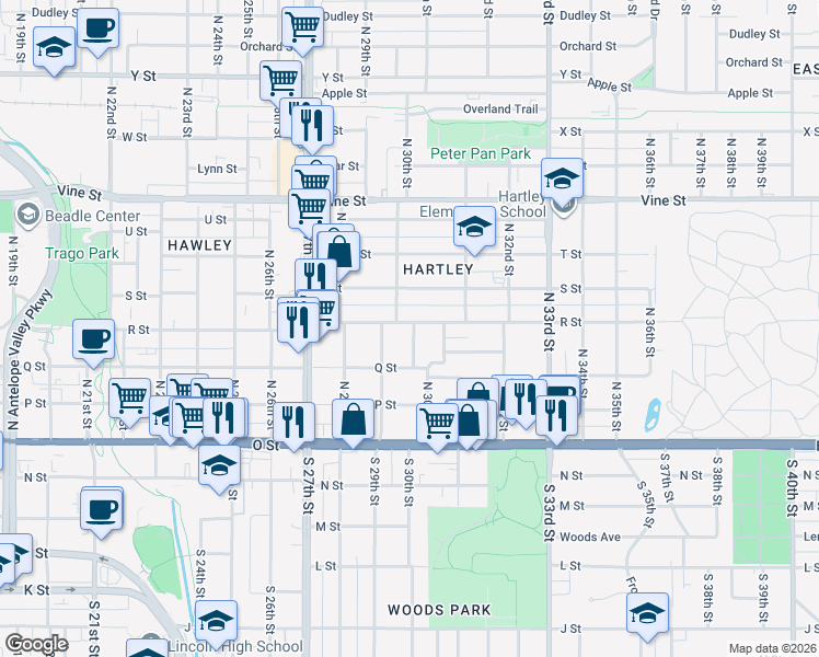 map of restaurants, bars, coffee shops, grocery stores, and more near 330 North 30th Street in Lincoln