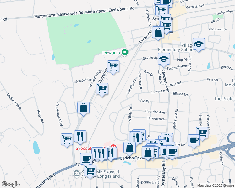 map of restaurants, bars, coffee shops, grocery stores, and more near 58 Lewis Lane in Syosset