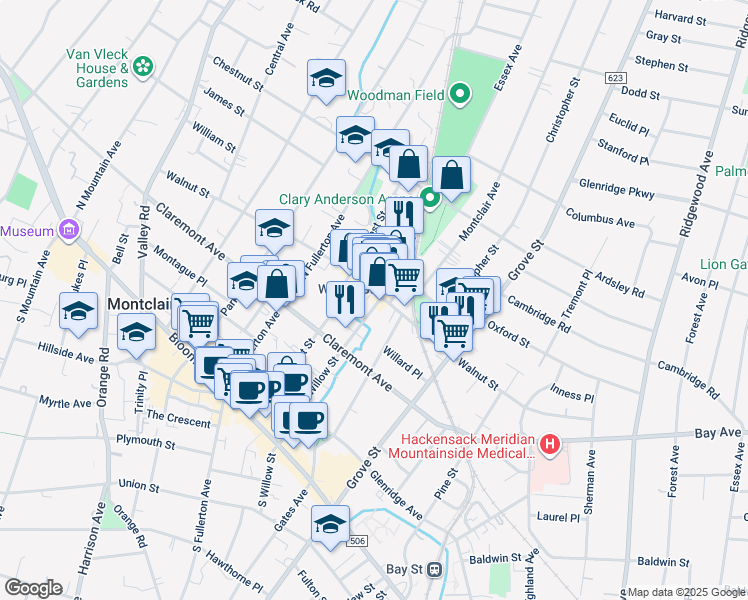 map of restaurants, bars, coffee shops, grocery stores, and more near 77 North Willow Street in Montclair