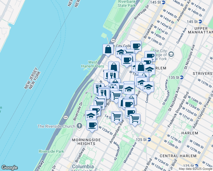 map of restaurants, bars, coffee shops, grocery stores, and more near 625 West 125th Street in New York