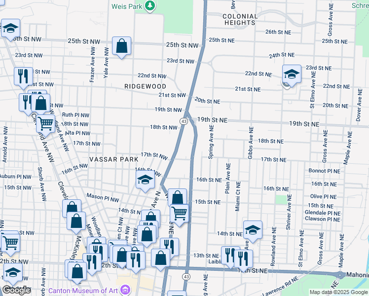 map of restaurants, bars, coffee shops, grocery stores, and more near 1718 Market Avenue North in Canton