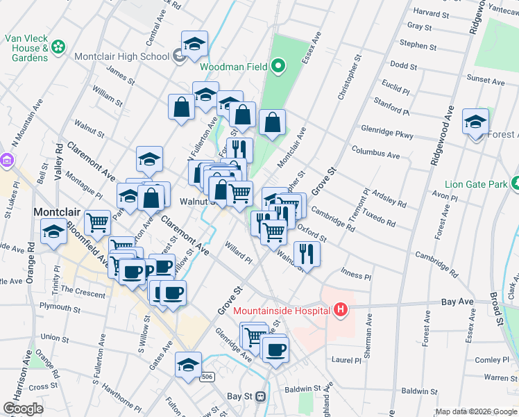 map of restaurants, bars, coffee shops, grocery stores, and more near 130 Grove Street in Montclair