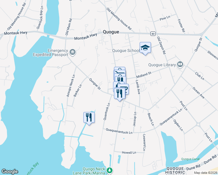 map of restaurants, bars, coffee shops, grocery stores, and more near 36 Quogue Street in Quogue