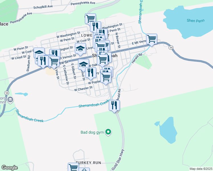 map of restaurants, bars, coffee shops, grocery stores, and more near 324 Main Street in Shenandoah