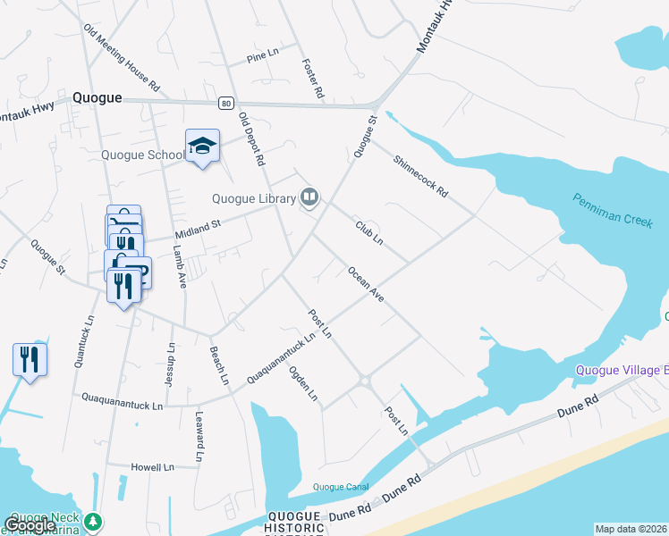 map of restaurants, bars, coffee shops, grocery stores, and more near 5 Ocean Avenue in East Quogue