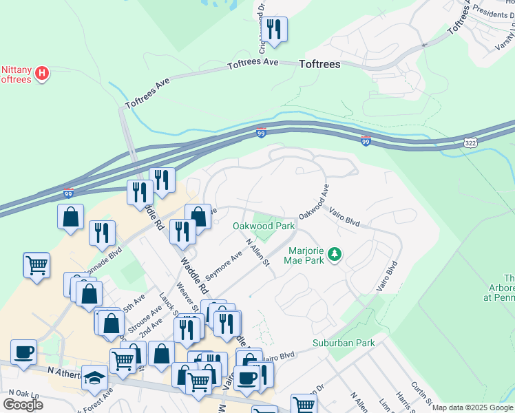 map of restaurants, bars, coffee shops, grocery stores, and more near 301 Oakwood Avenue in State College
