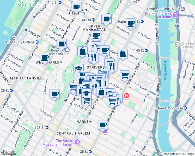 map of restaurants, bars, coffee shops, grocery stores, and more near 215 West 136th Street in New York