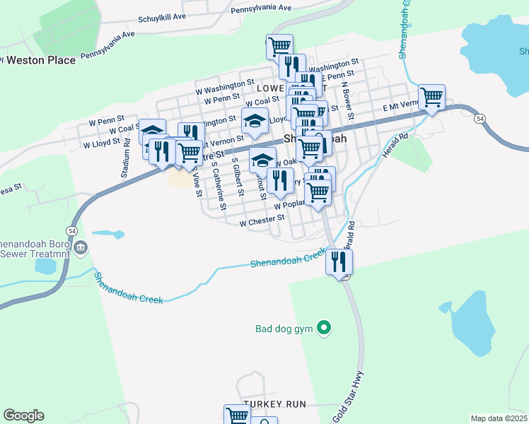 map of restaurants, bars, coffee shops, grocery stores, and more near 300 West Poplar Street in Shenandoah