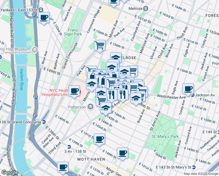 map of restaurants, bars, coffee shops, grocery stores, and more near 344 East 149th Street in The Bronx