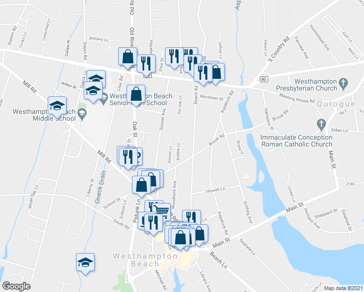 map of restaurants, bars, coffee shops, grocery stores, and more near 15 Debbie Lane in Westhampton Beach